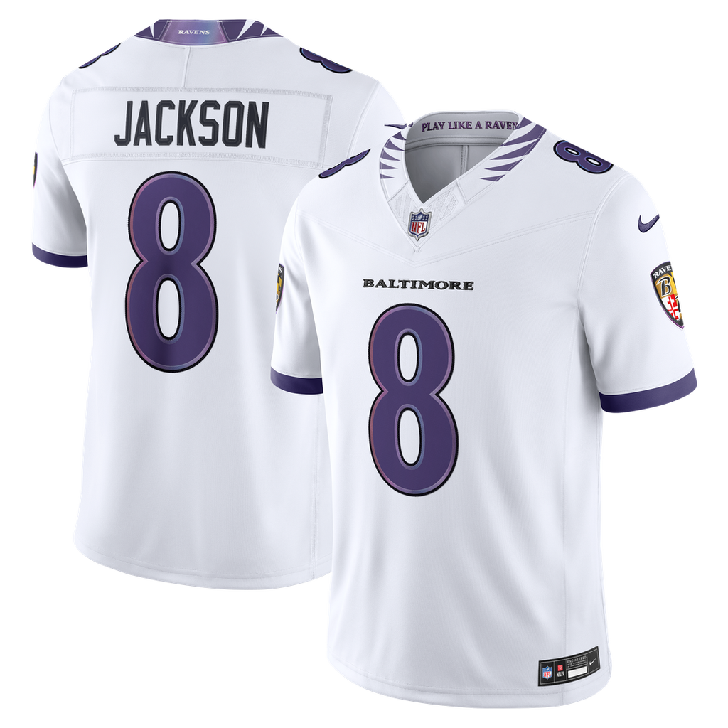 Men's Baltimore Ravens Lamar Jackson White Vapor F.U.S.E. Stitched